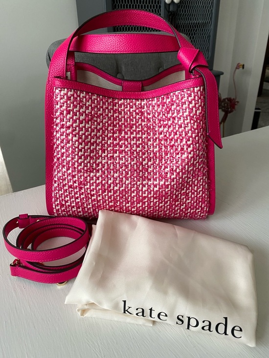 Kate Spade Knott Raffia Tweed Medium Crossbody Satchel, Wild Raspberry Pink Bag - Picture 3 of 14